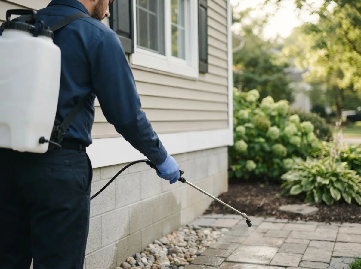 Pest control technician inspecting a home in Preble, NY